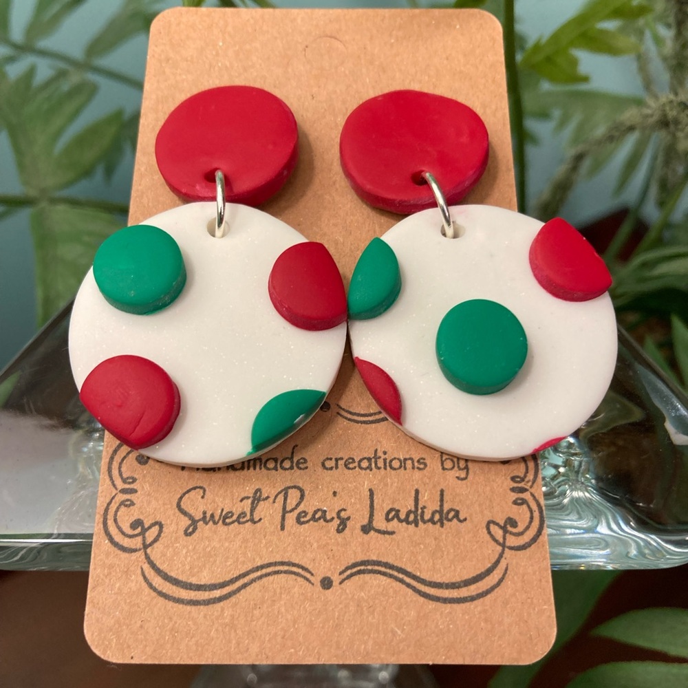 Red and Green polka dot dangle earrings with Red studs.
